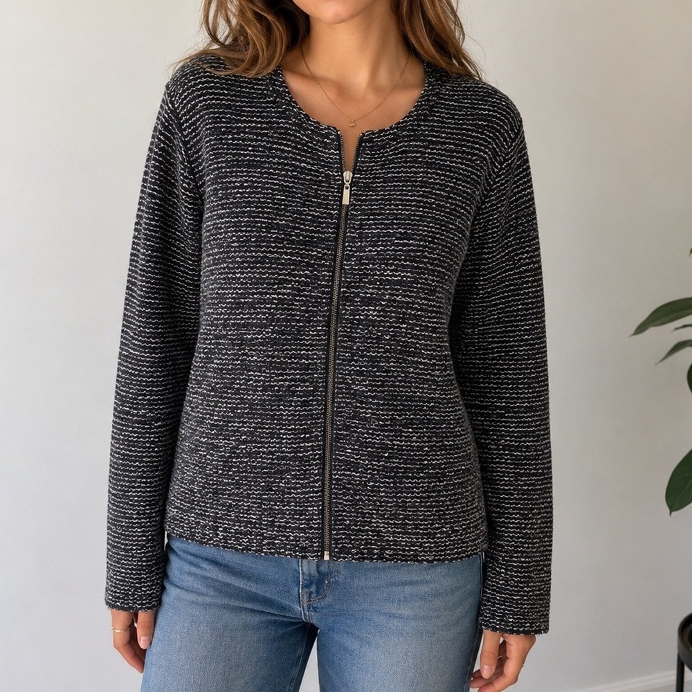 Chico's Zip Front Knit Jacket Womens Large 12 14 Textured Career Casual